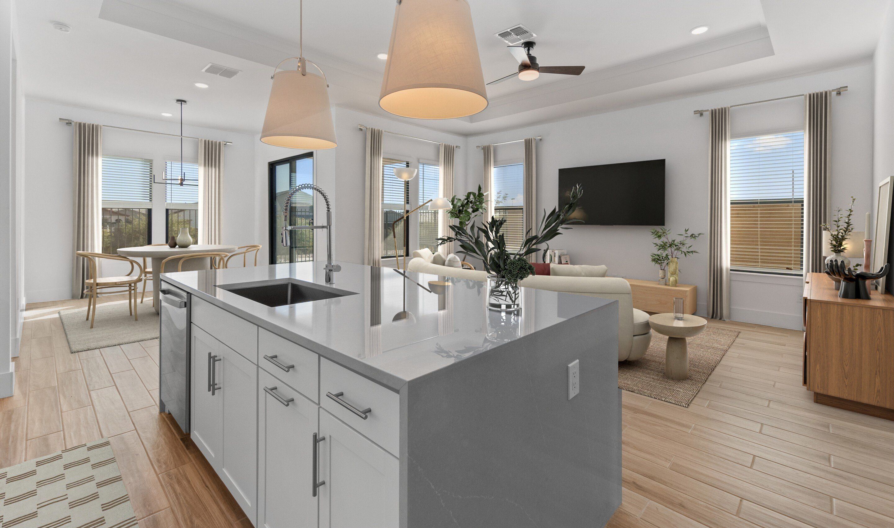 Kitchen with sleek waterfall-edge island