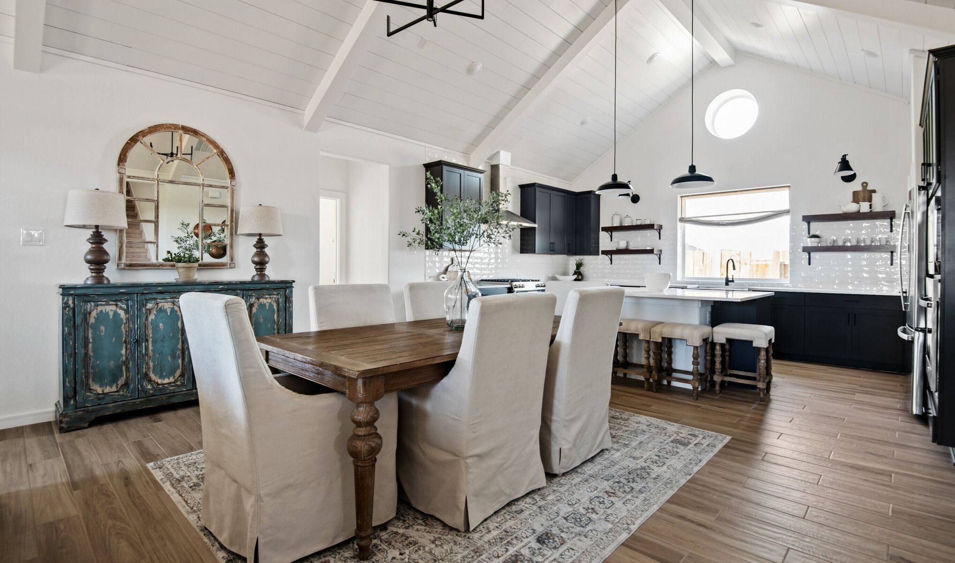 Dining area with vaulted ceiling