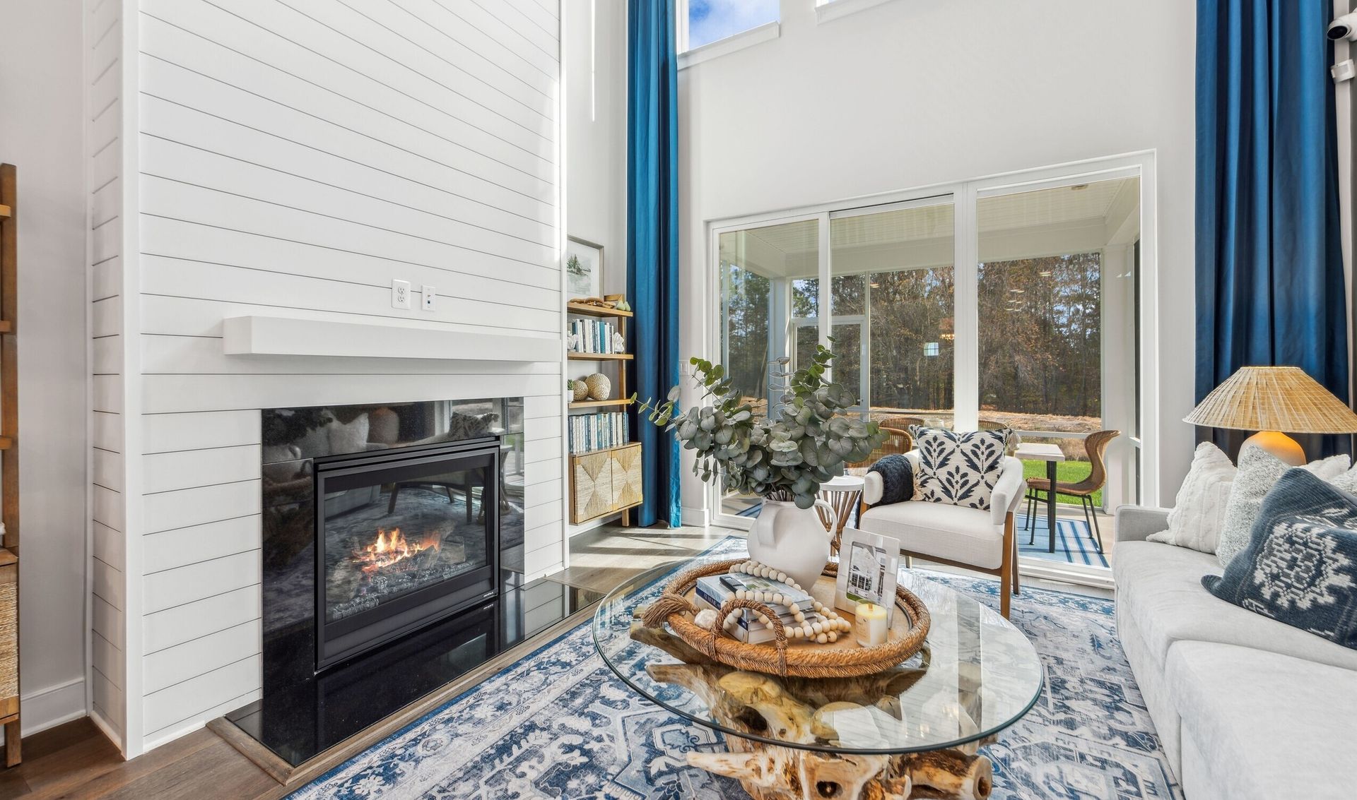 Great room with shiplap fireplace