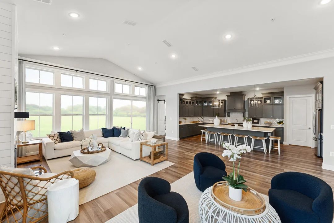 Dining area overlooking great room and kitchen