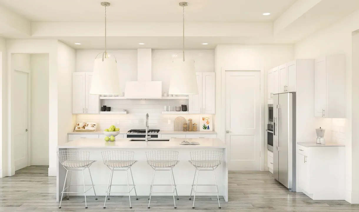 Kitchen with pendant lighting and floating shelves