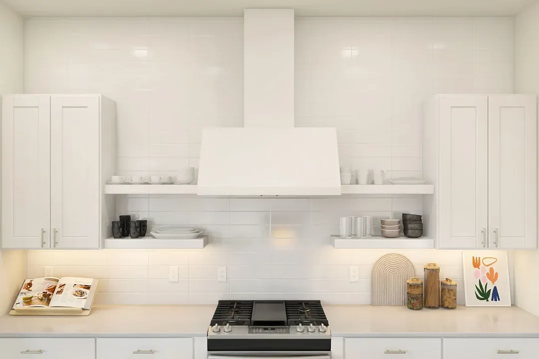 Kitchen with floating shelves and subway tile backsplash