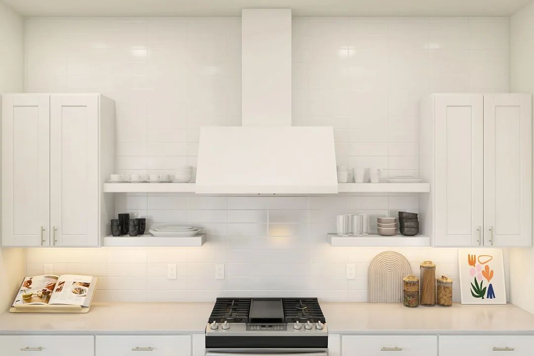 Kitchen with floating shelves and subway tile backsplash