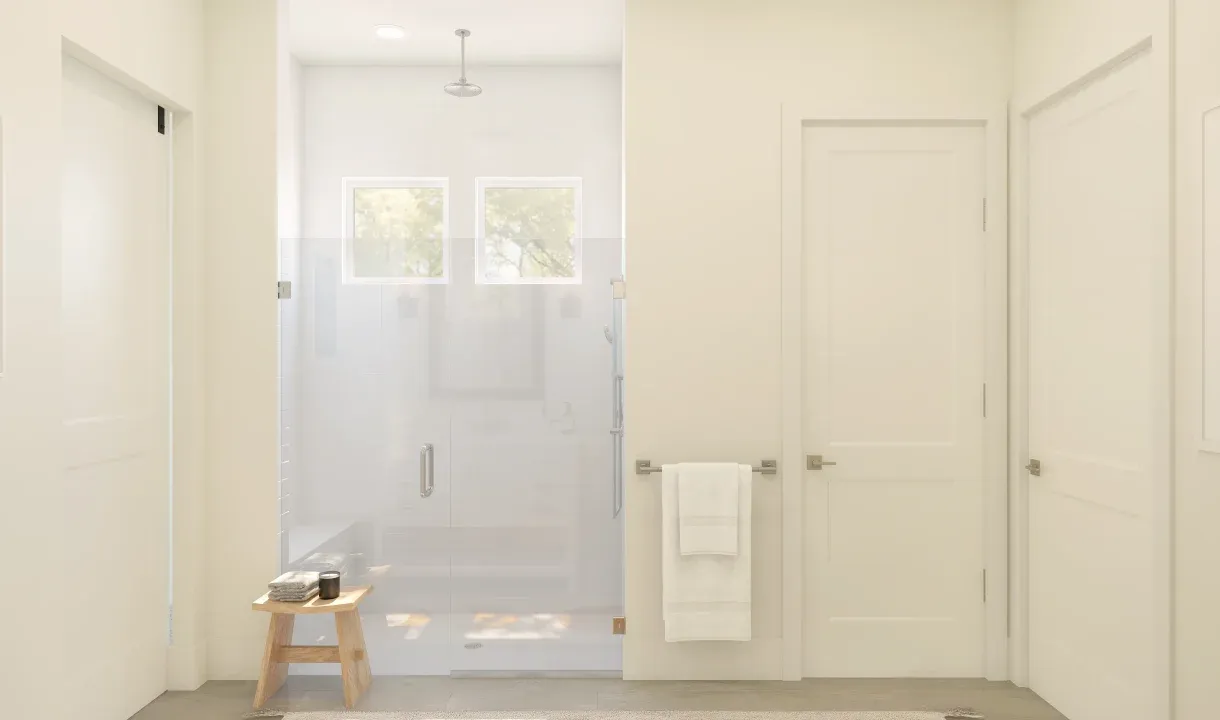 Primary bath with glass-shower enclosure