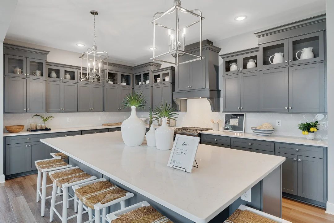 Kitchen with glass upper cabinets