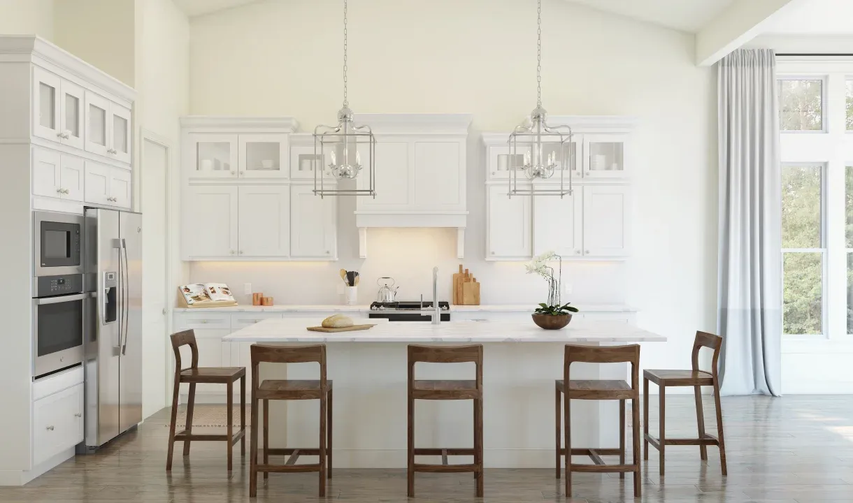 Kitchen with pendant lighting and glass upper cabinets