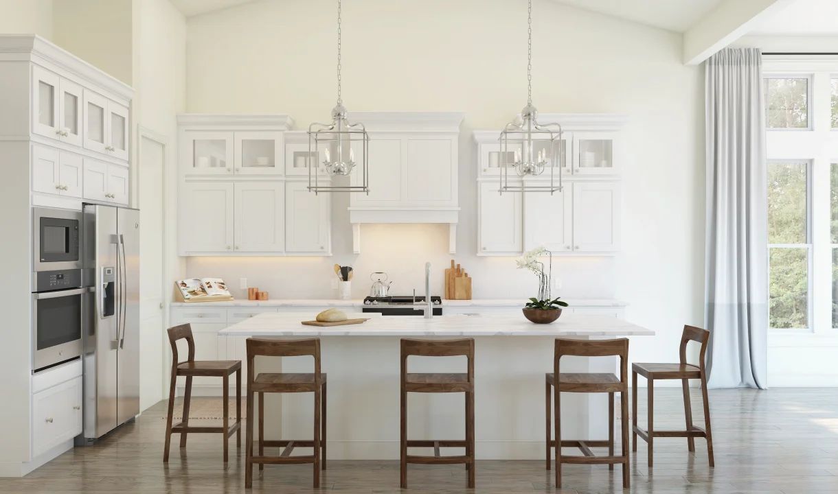Kitchen with pendant lighting and glass upper cabinets