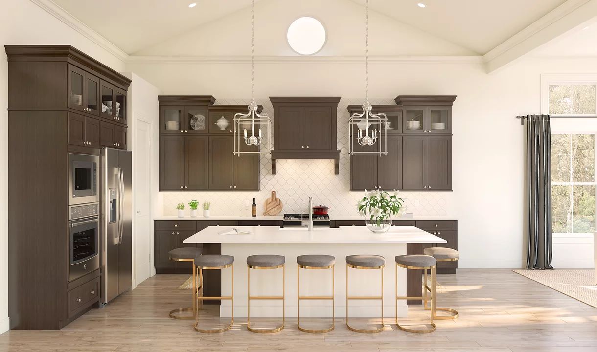 Kitchen with island, pendant lighting, glass-front upper cabinets and volume ceiling
