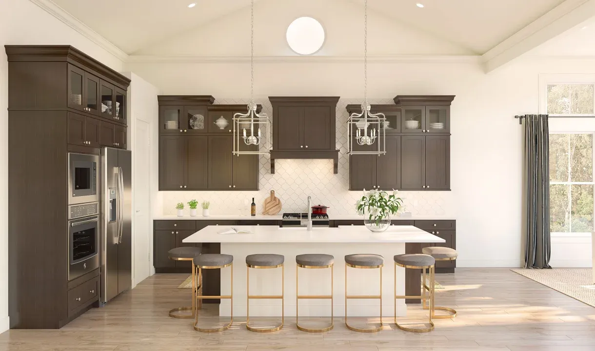 Kitchen with island, pendant lighting, glass-front upper cabinets and volume ceiling