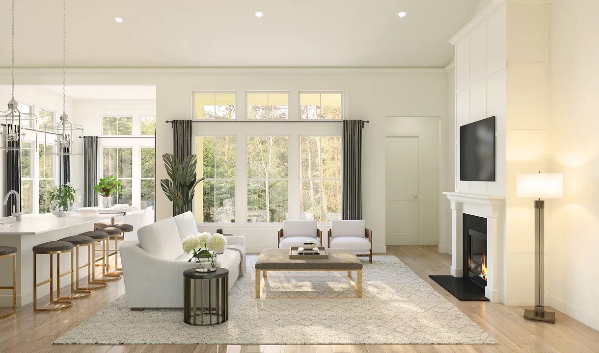 Great room with  vaulted ceiling & optional fireplace