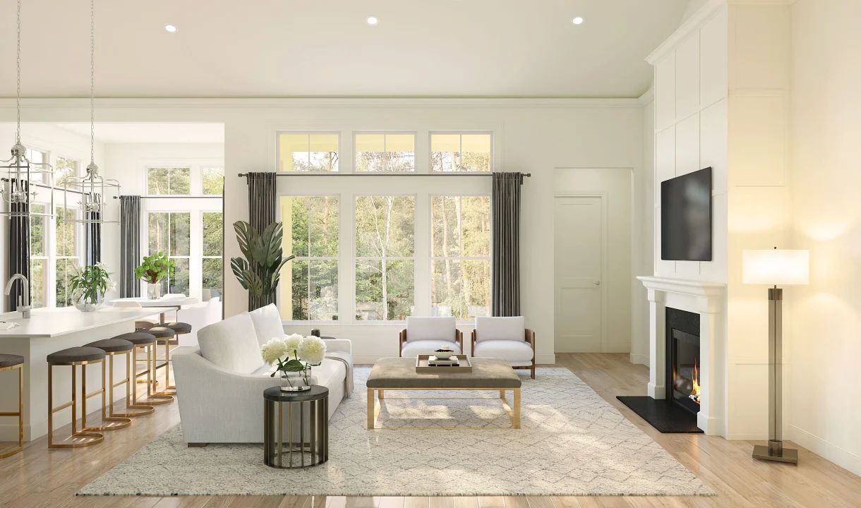 Great room with  vaulted ceiling & optional fireplace