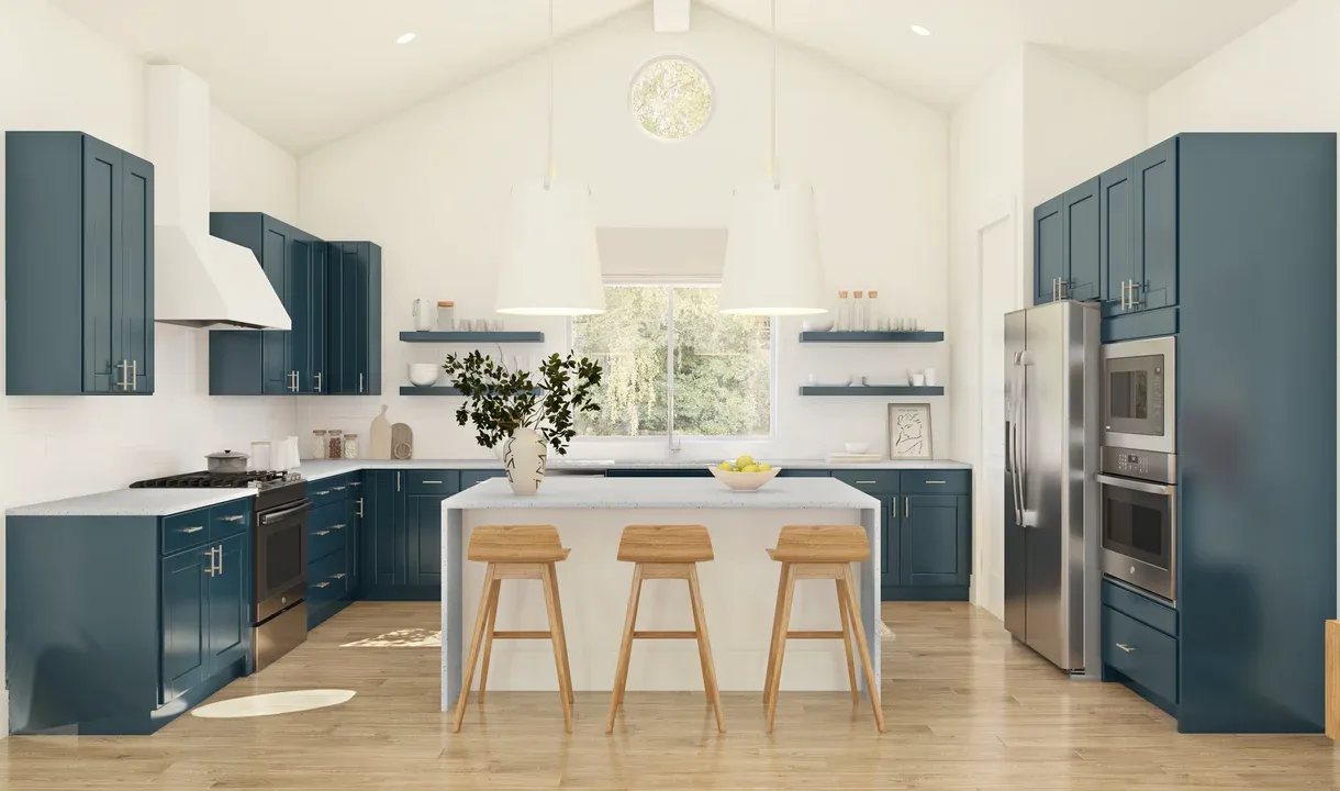 Kitchen with island, pendant lighting and volume ceiling