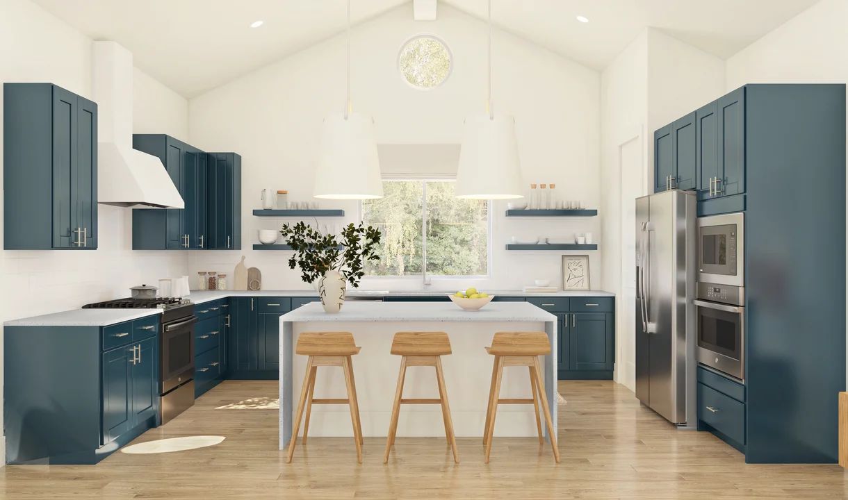 Kitchen with island, pendant lighting and volume ceiling