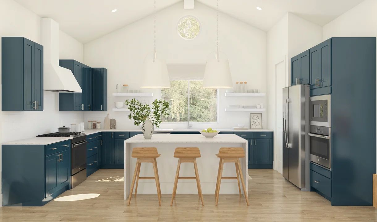 Kitchen with island, pendant lighting and volume ceiling