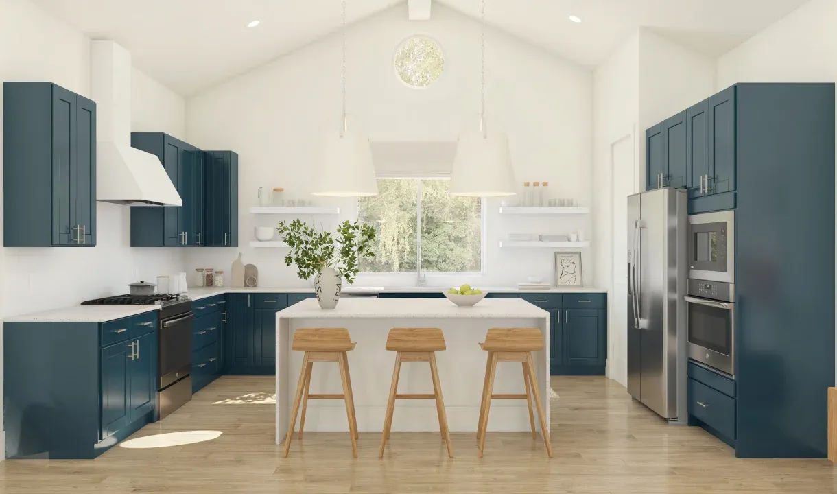 Kitchen with island, pendant lighting and volume ceiling