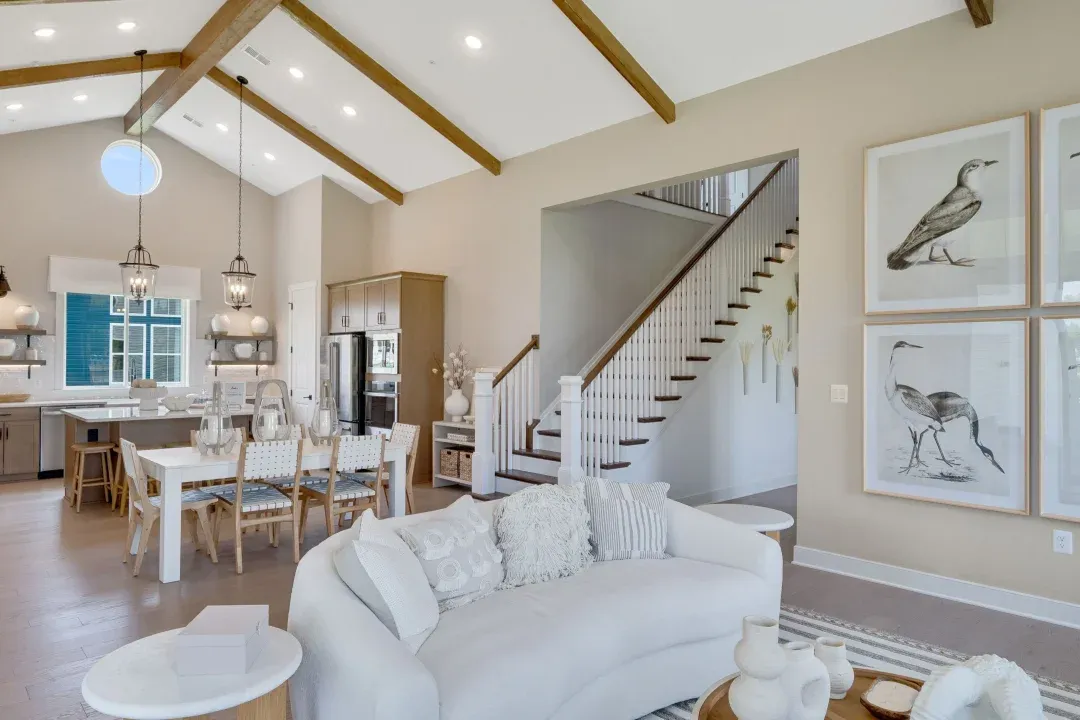 Great room with stained ceiling beams