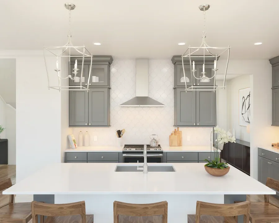 Kitchen with pendant lighting and hexagonal backsplash