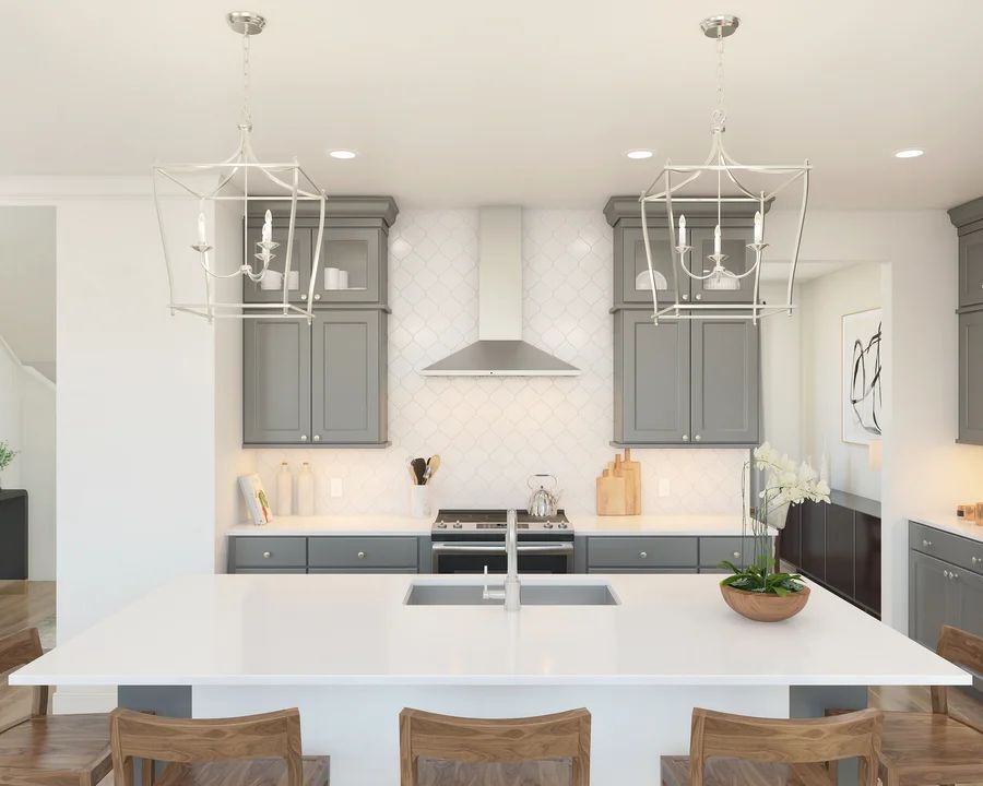 Kitchen with pendant lighting and hexagonal backsplash