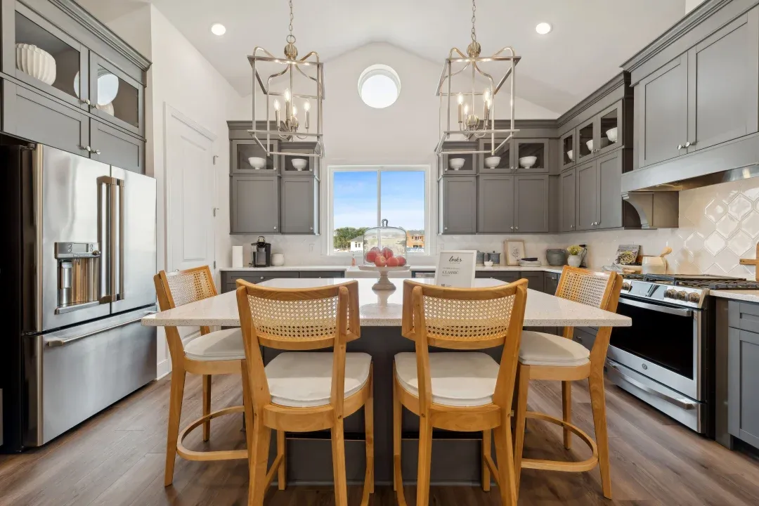 Kitchen with glass upper cabinets
