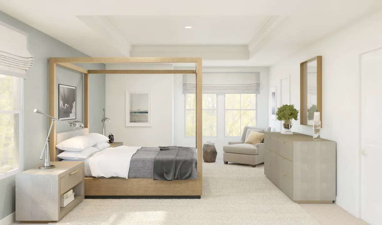 Primary suite with tray ceiling and crown moulding