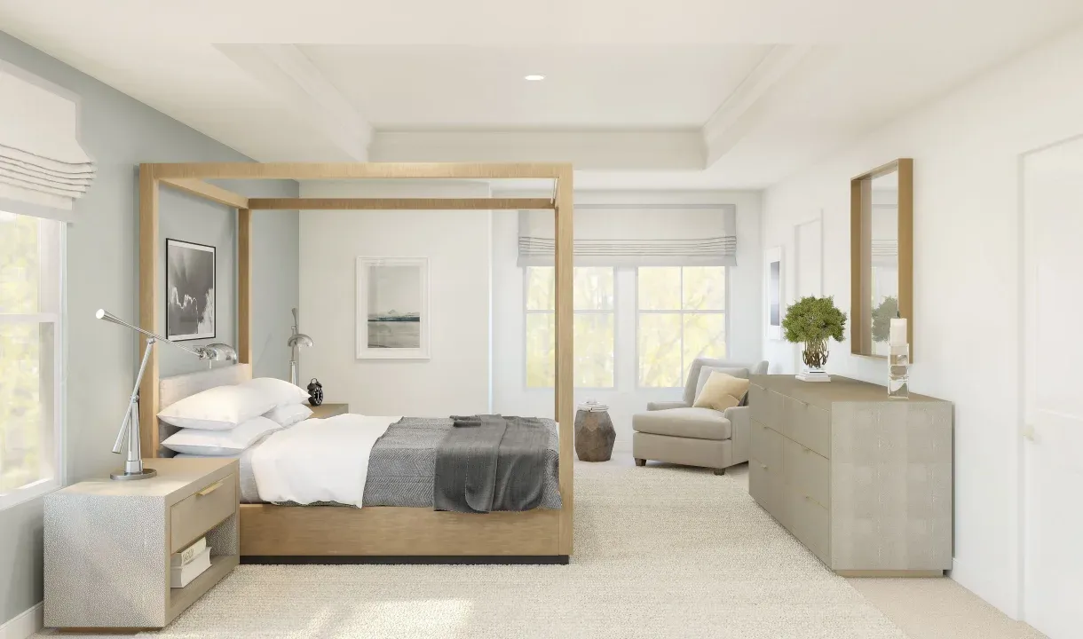 Primary suite with tray ceiling and crown moulding