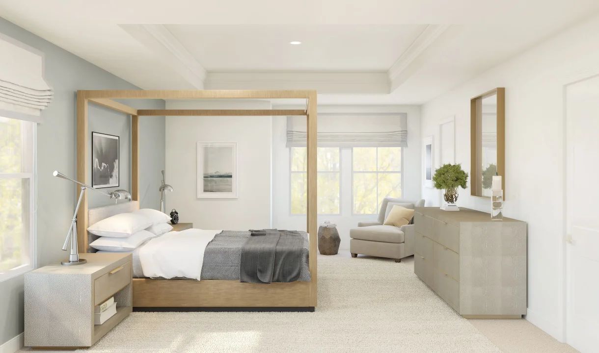 Primary suite with tray ceiling and crown moulding