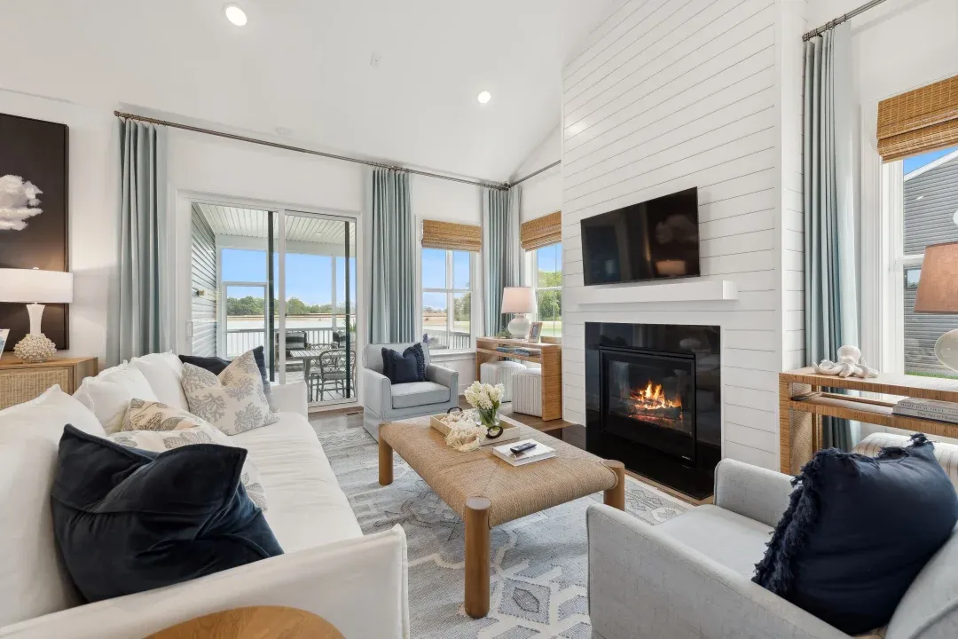 Great room with shiplap fireplace