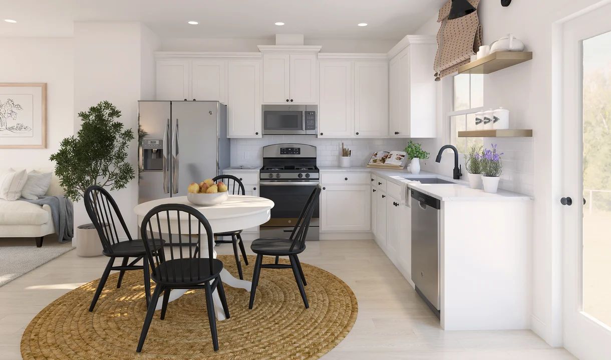 Kitchen with white cabinetry and floating shelves
