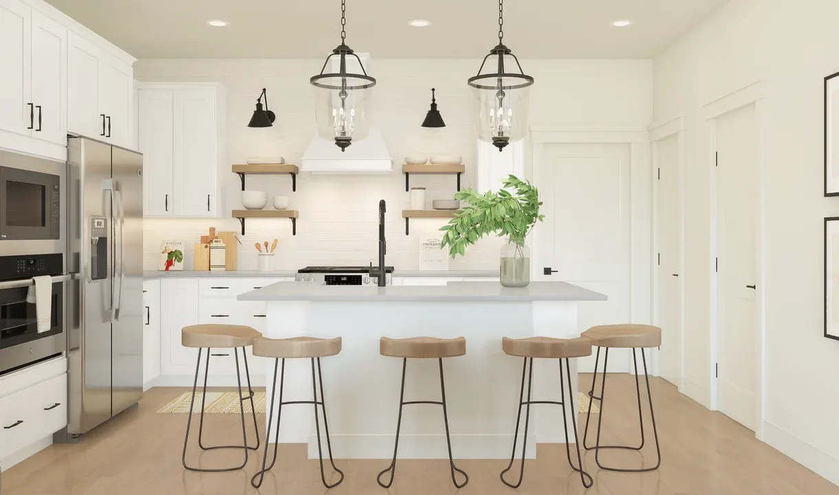 Kitchen with island, pendant lighting and open shelving