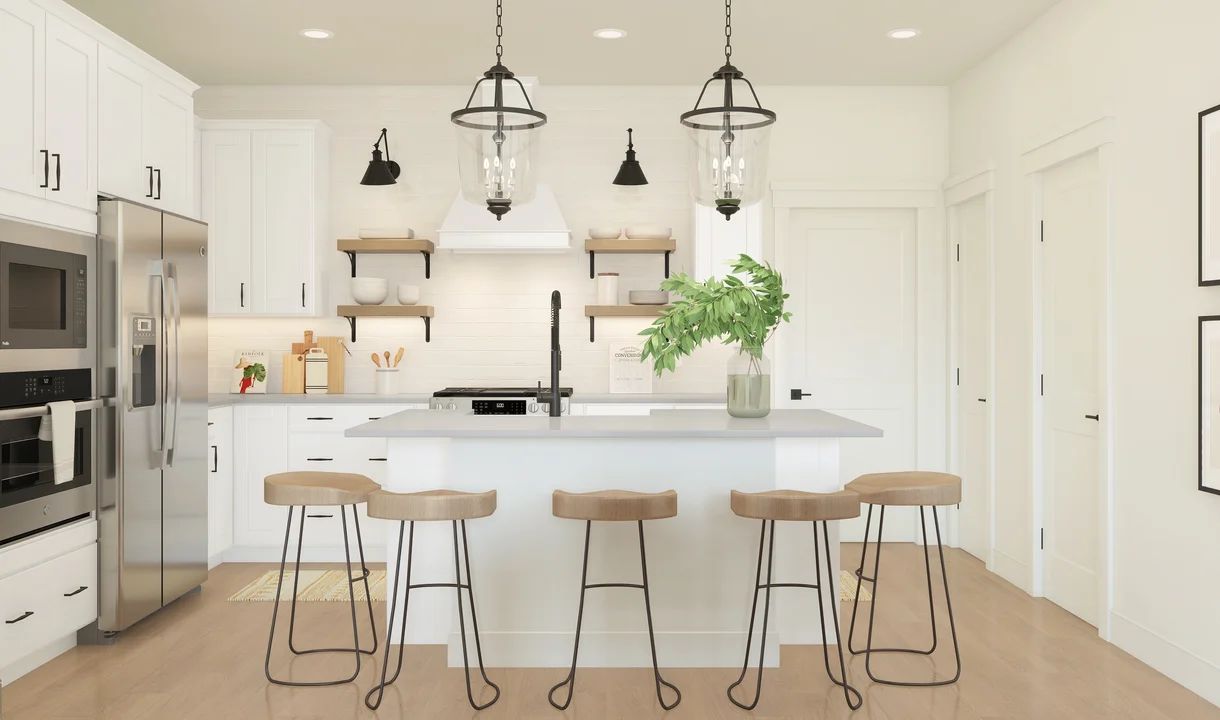Kitchen with island, pendant lighting and open shelving