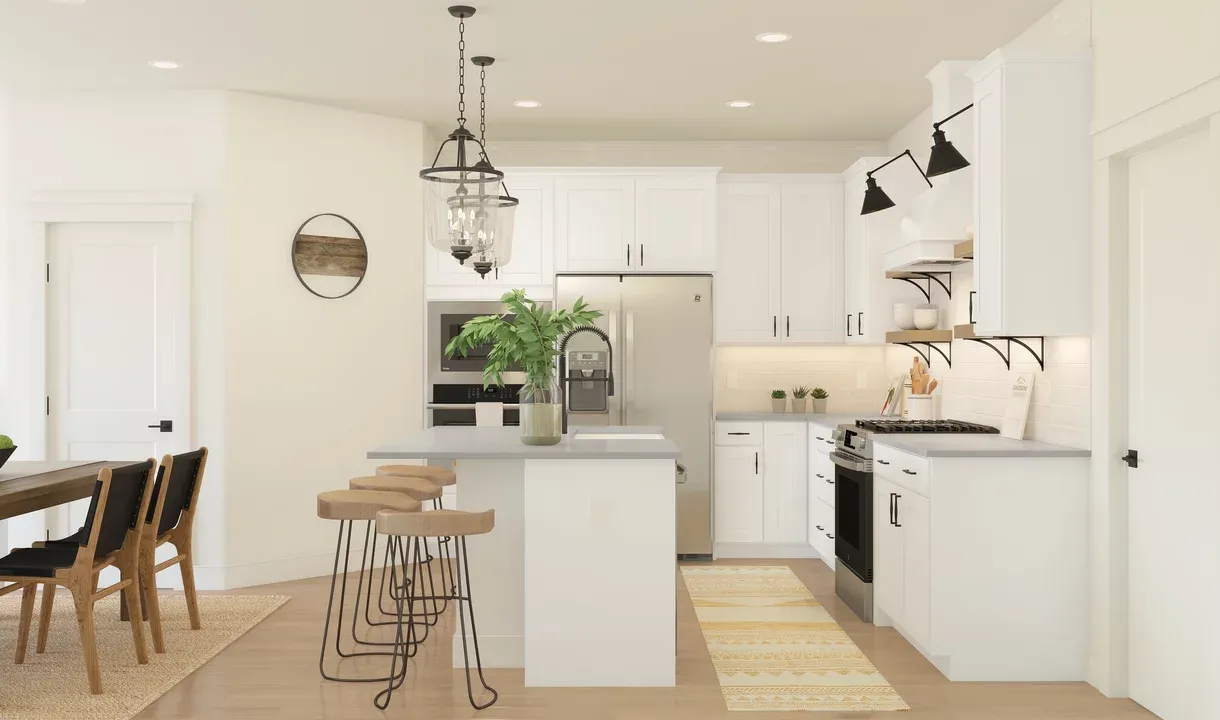 Kitchen with island, pendant lighting and open shelving