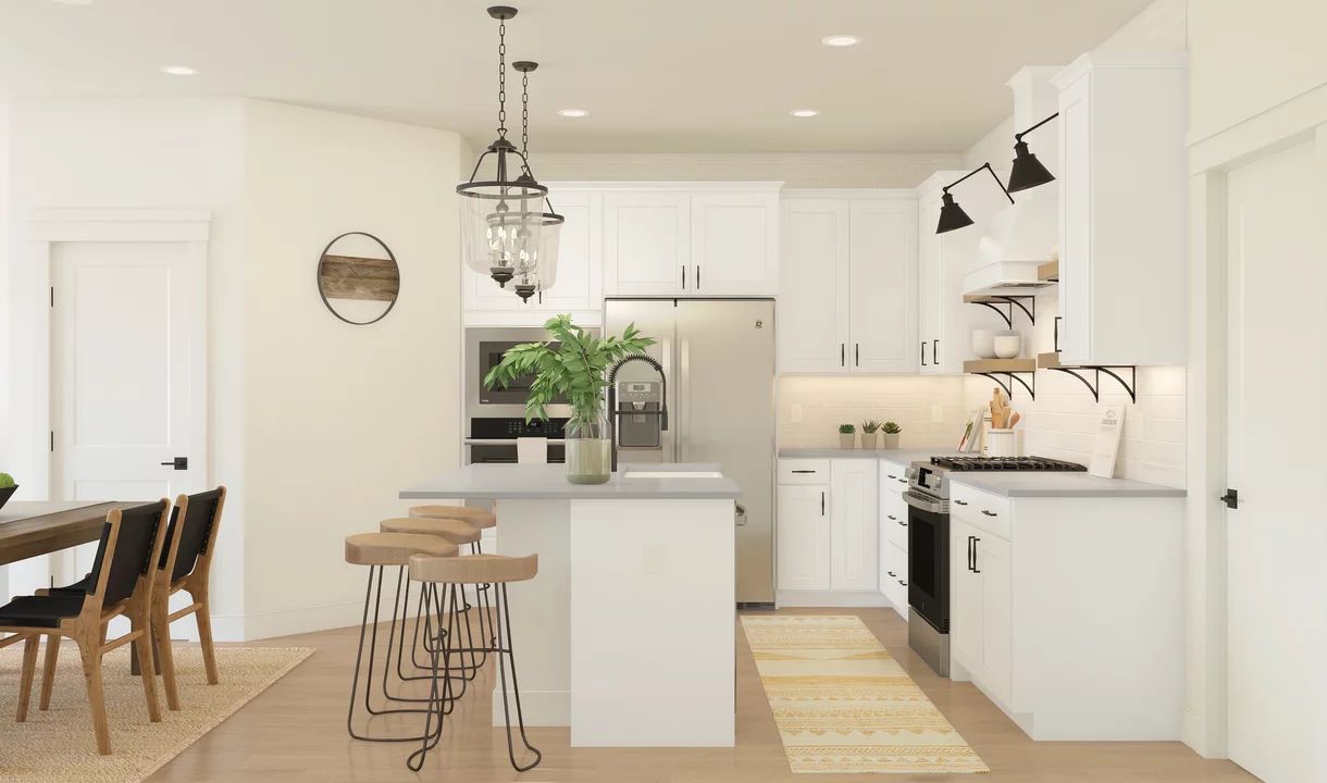 Kitchen with island, pendant lighting and open shelving