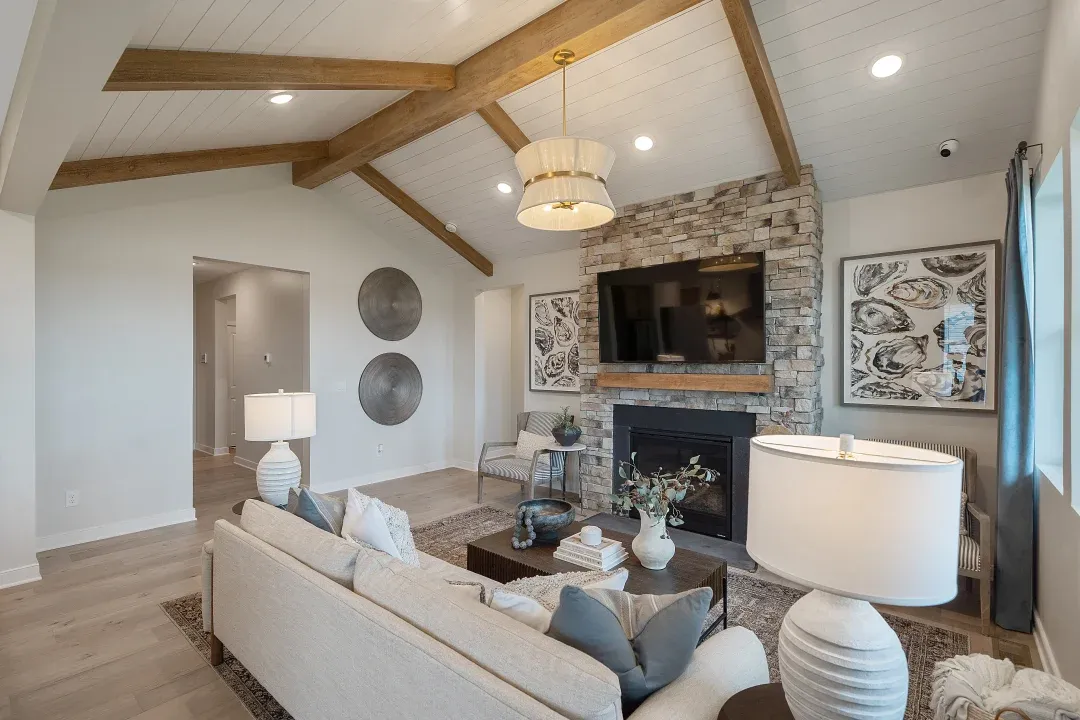 Great room with stained ceiling beams