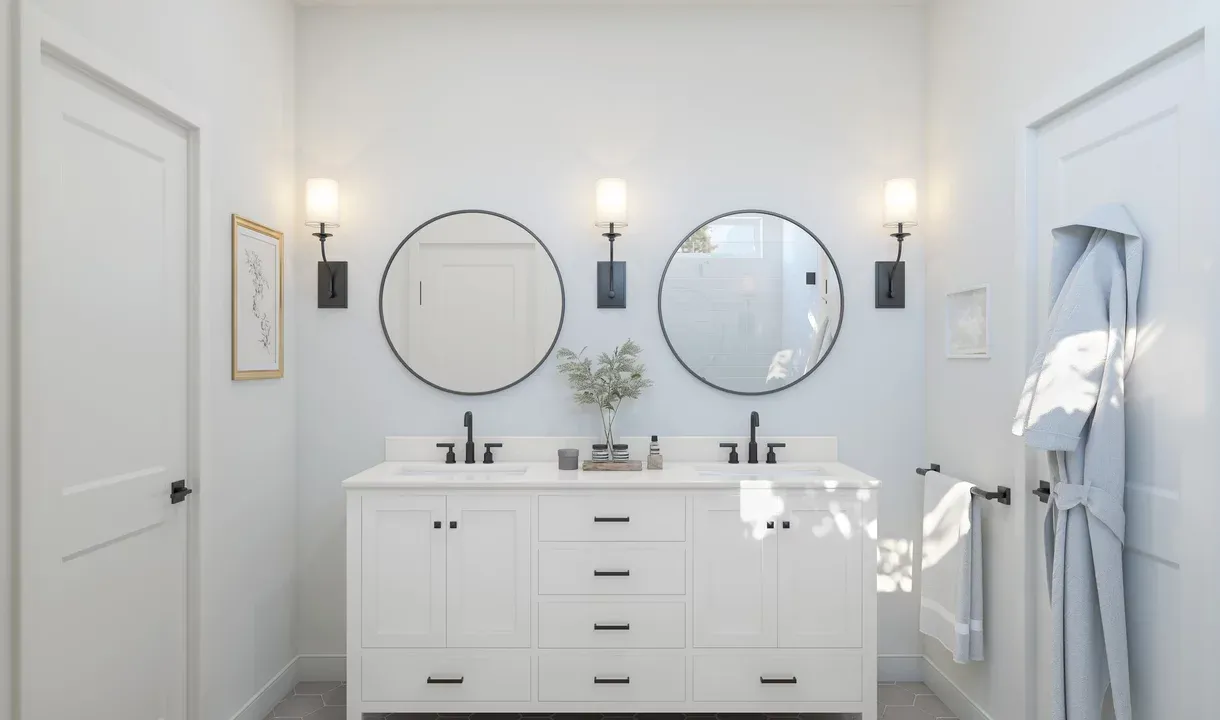 Primary bath with matte black hardware