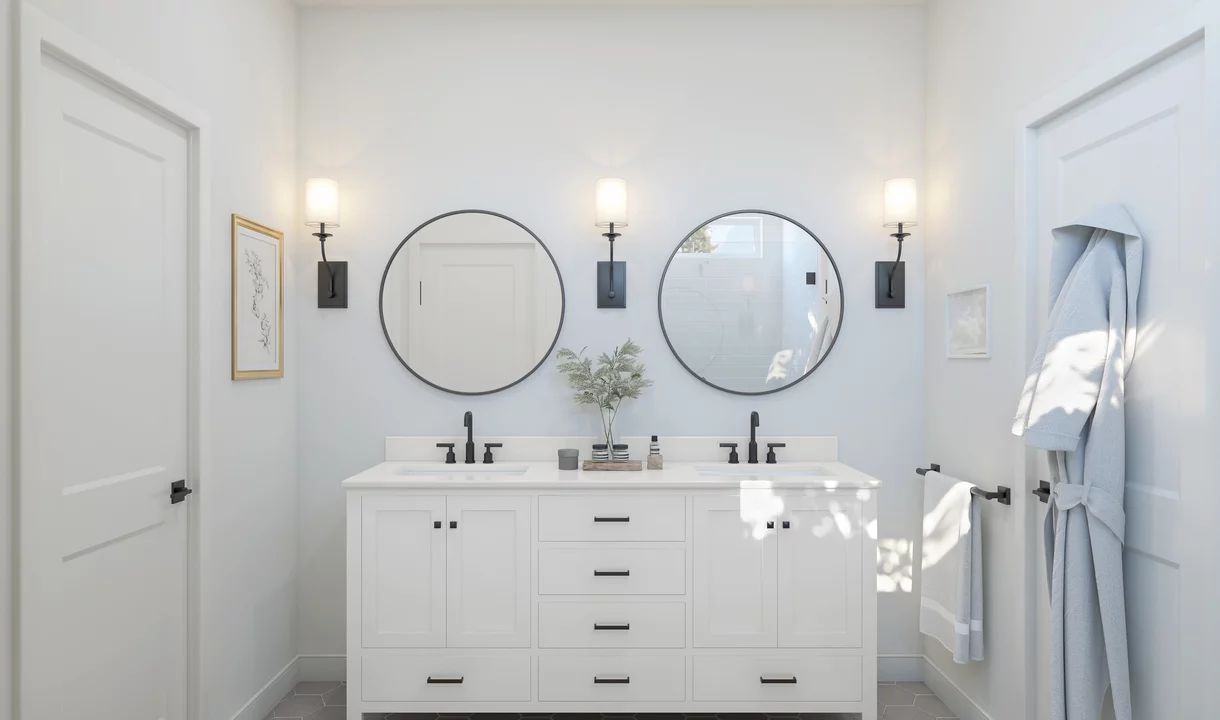 Primary bath with matte black hardware