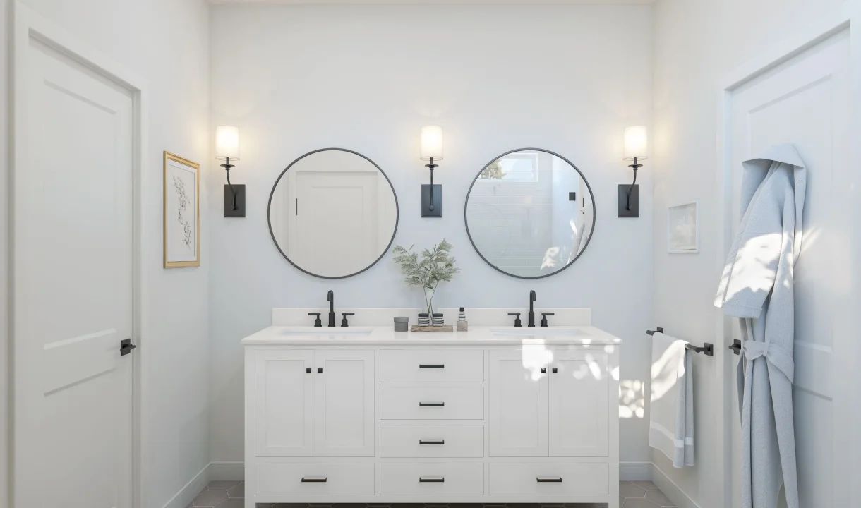 Primary bath with matte black hardware