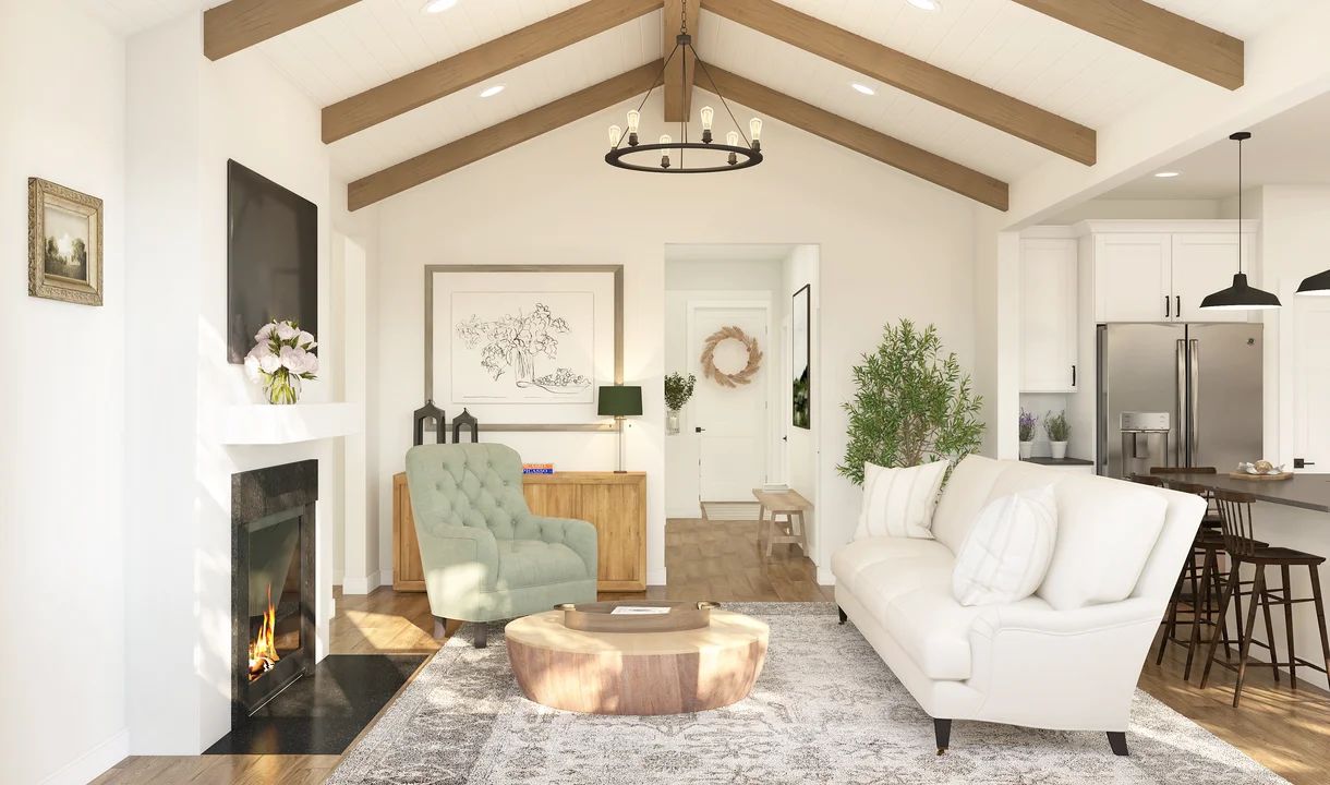 Great room with stained ceiling beams & vaulted ceiling