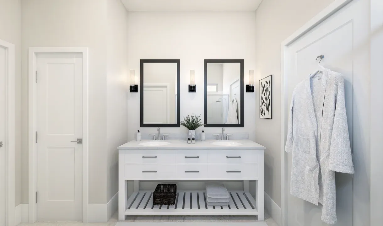 Primary bath with freestanding vanity