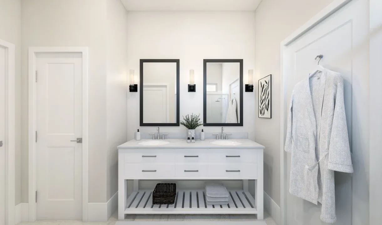 Primary bath with freestanding vanity