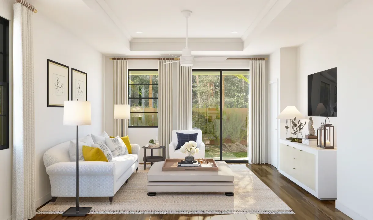 Great room with coffered ceiling and crown moulding