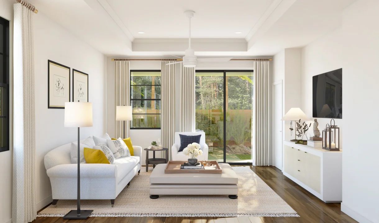 Great room with coffered ceiling and crown moulding