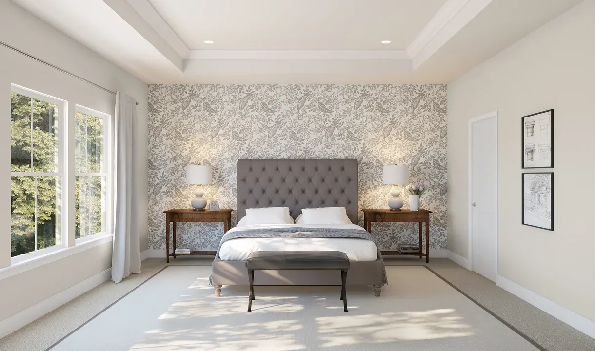 Primary suite with tray ceiling and crown moulding