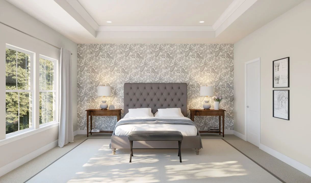 Primary suite with tray ceiling and crown moulding
