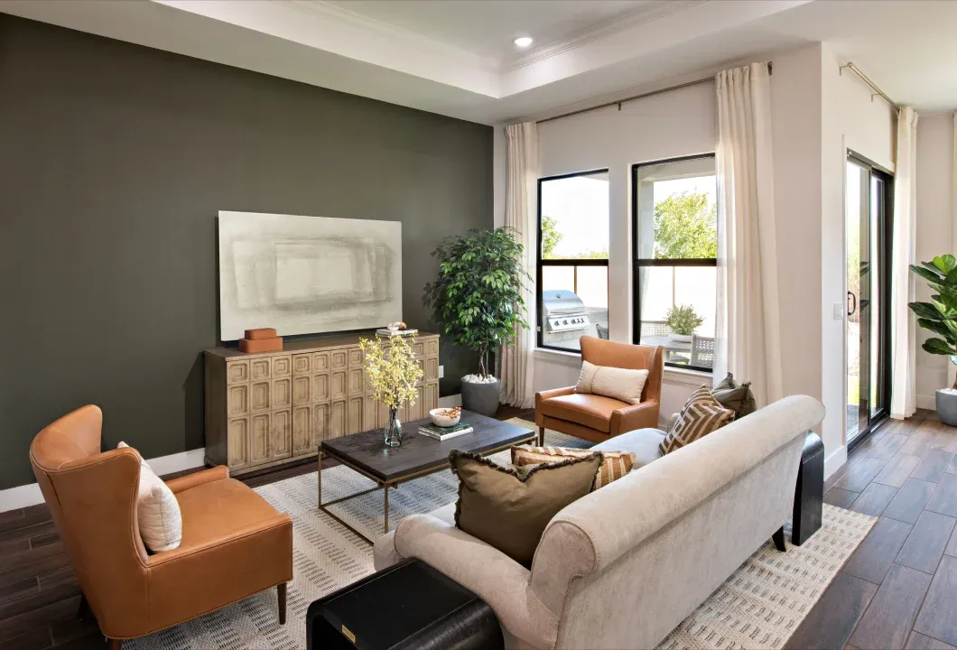 Great room with coffered ceiling