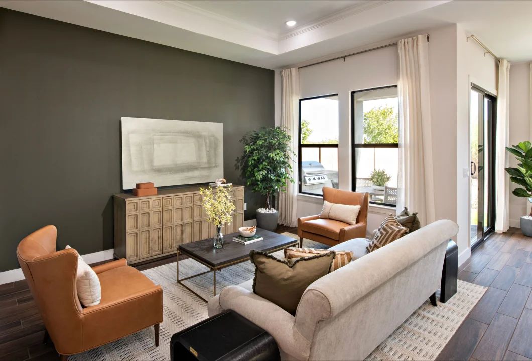Great room with coffered ceiling