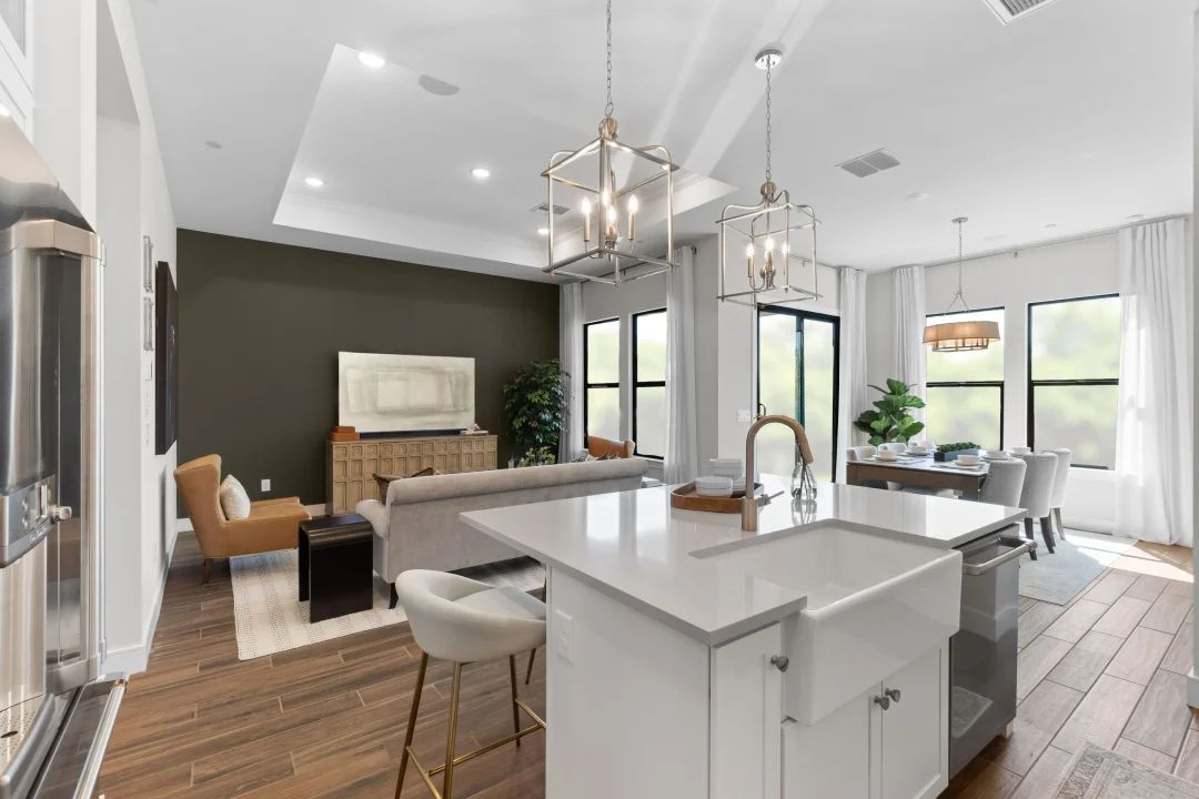 Kitchen with pendant lighting overlooking great room