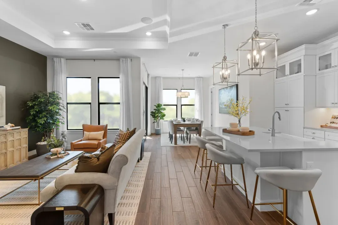 Great room with tile flooring across first floor