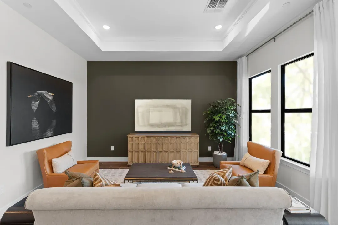 Great room with coffered ceiling and gorgeous tile
