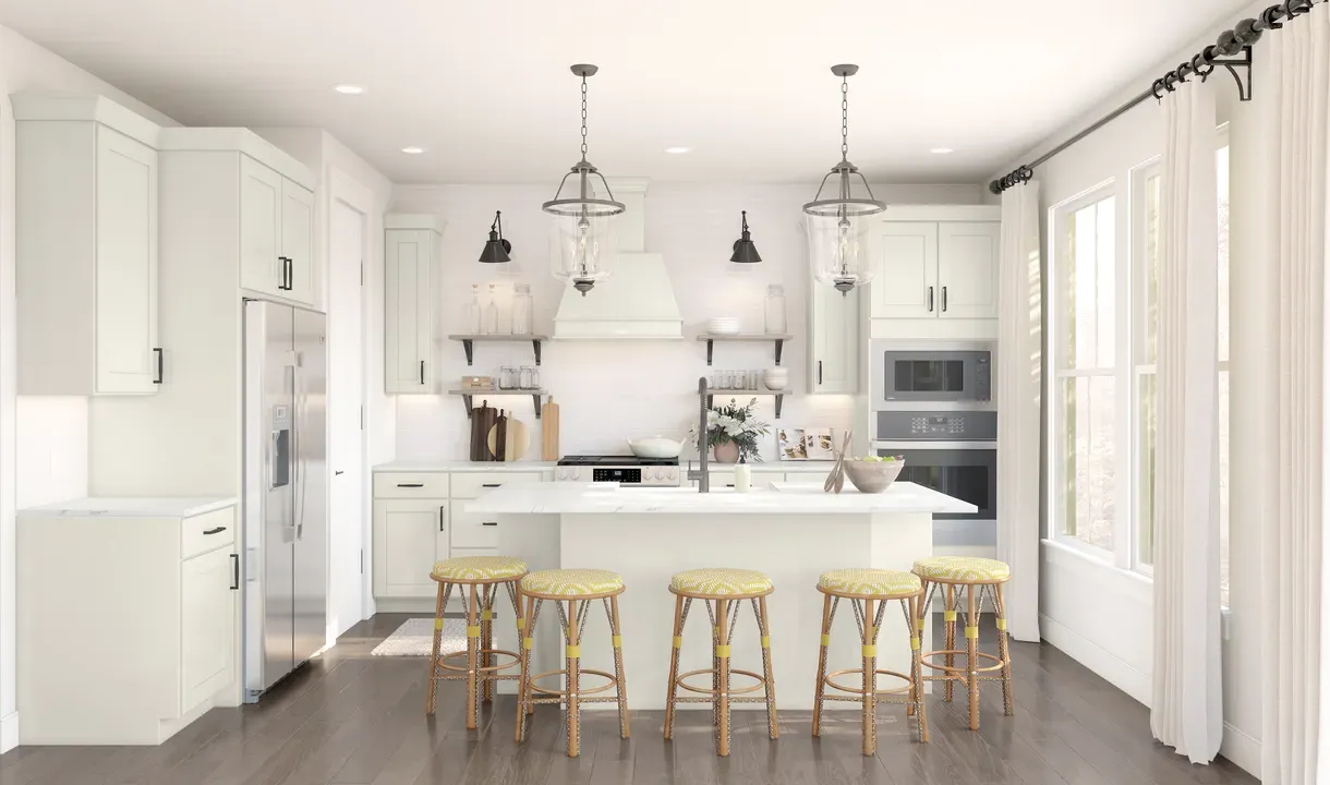 Kitchen with white cabinetry and floating shelves