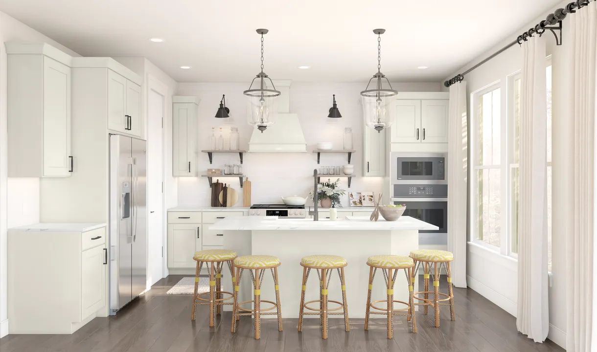 Kitchen with white cabinetry and floating shelves